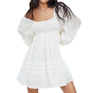 Free People Long Sleeve Ari Mini Dress in Ivory Extra Small